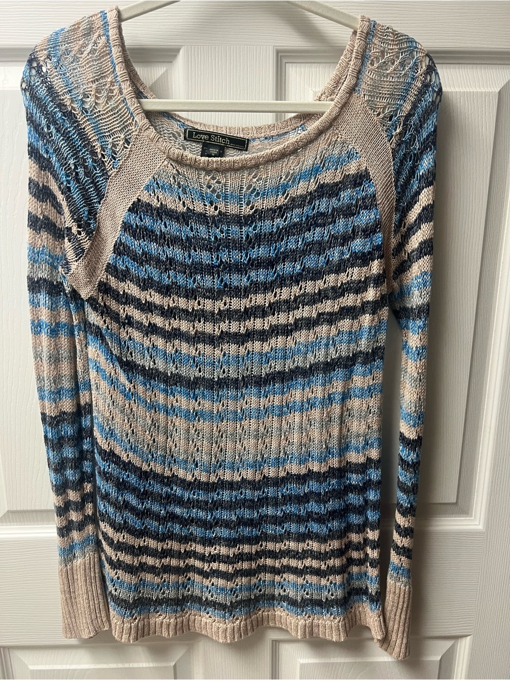 Love Stitch Blue and Cream Striped Scoop Neck Sweater